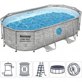 Каркасный бассейн BESTWAY POWER STEEL 427х250х100см Ротанг 7250л + фильтр-насос 2006 л/ч, лестница, тент